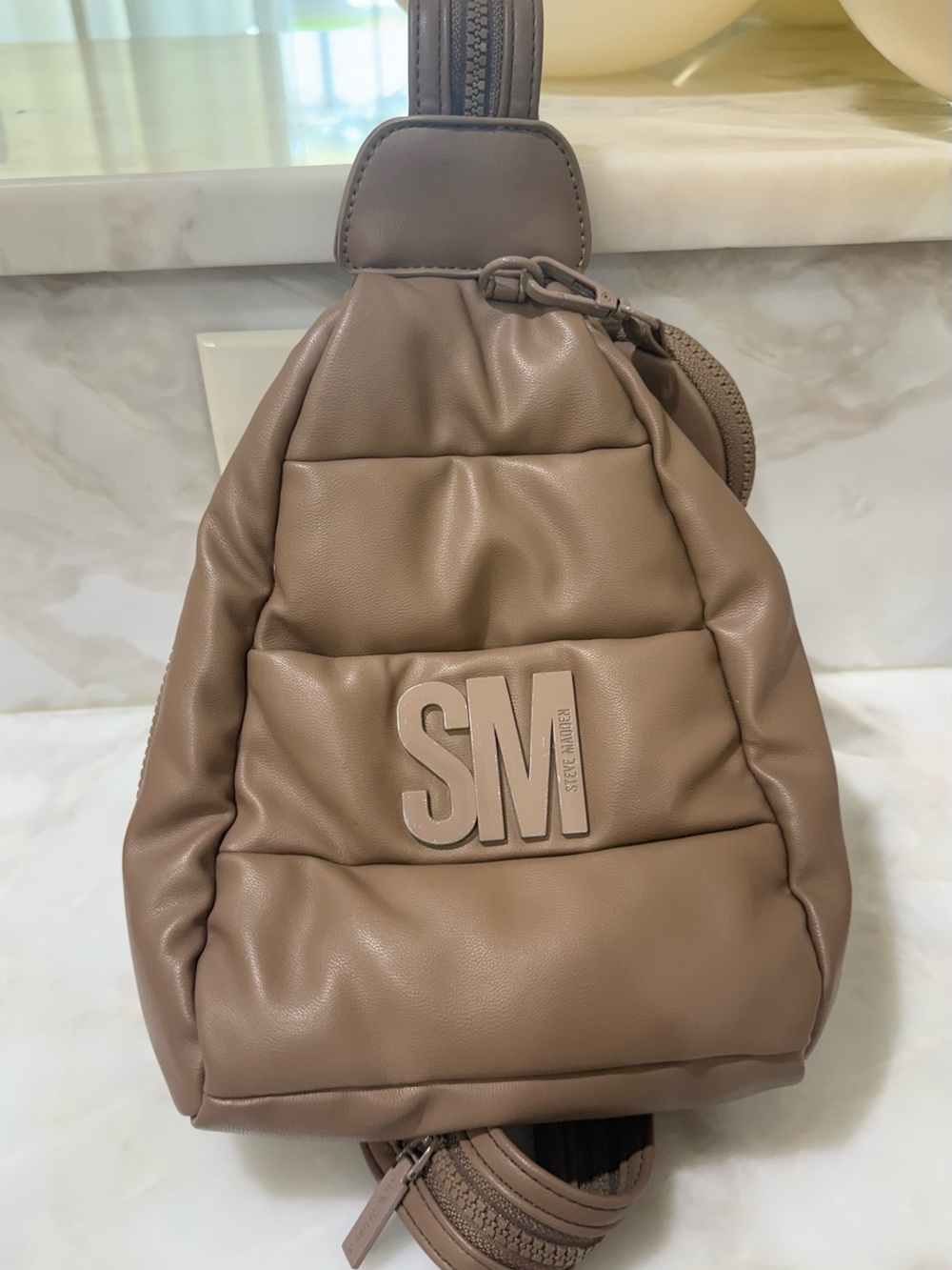 Steve Madden Taupe Puffer Sling Bag with SM Logo